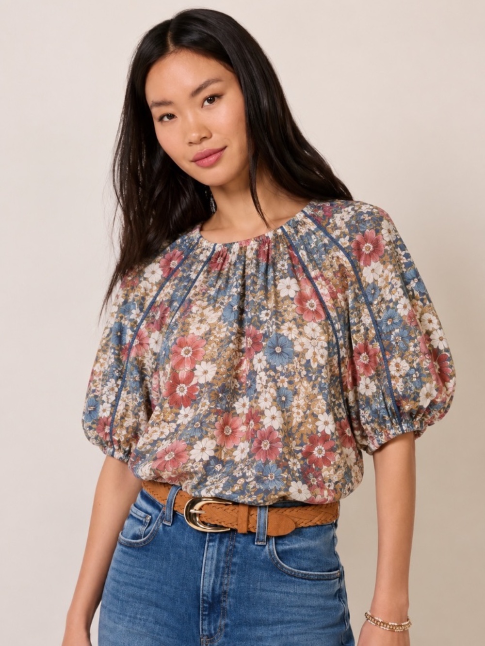 En Saison Floral Tie Back Crop Blouse Puff Sleeve Cottagecore Women Size M
